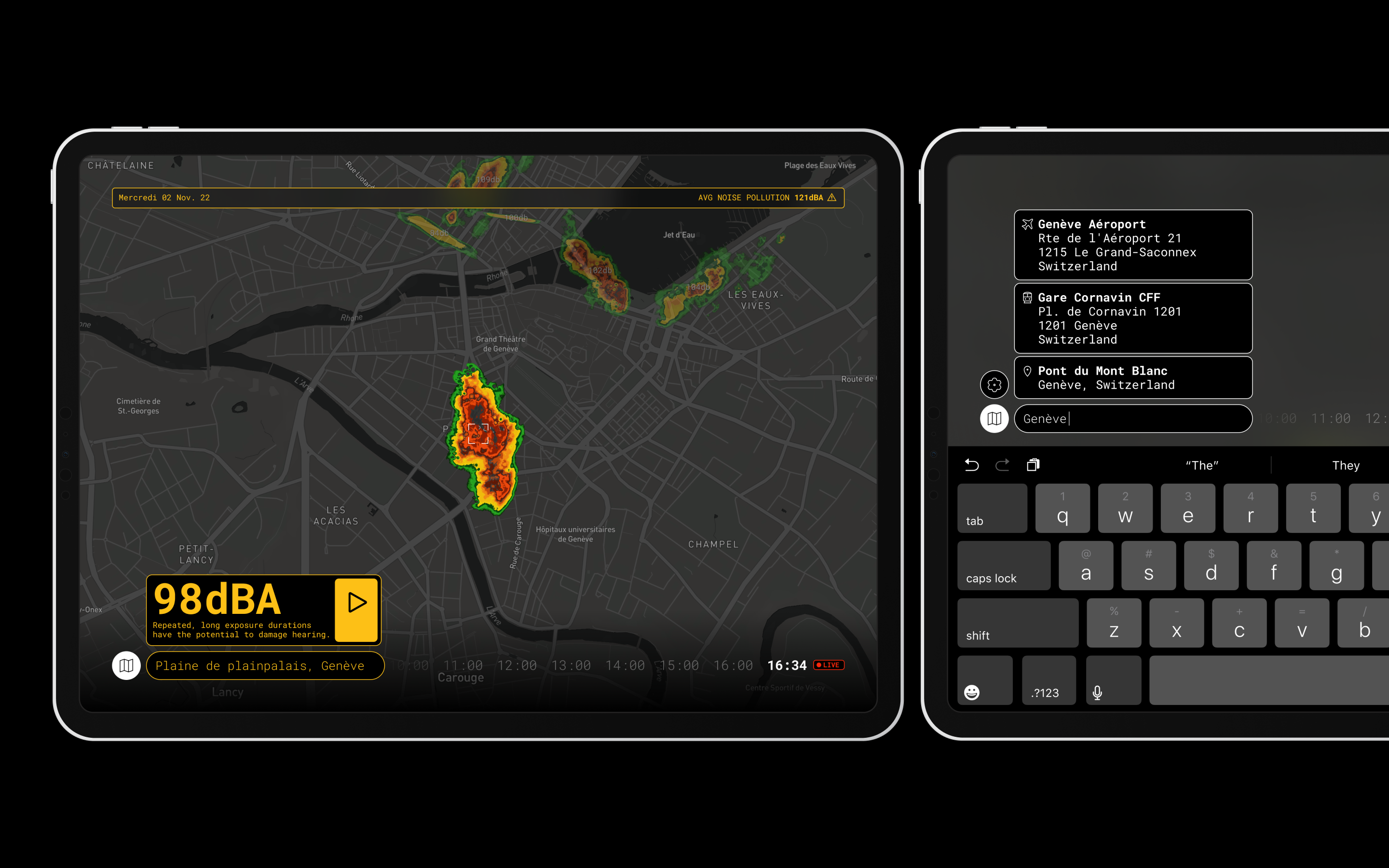 City Meter app focusing on a noise spot of Plainpalais, Geneva, Switzerland.