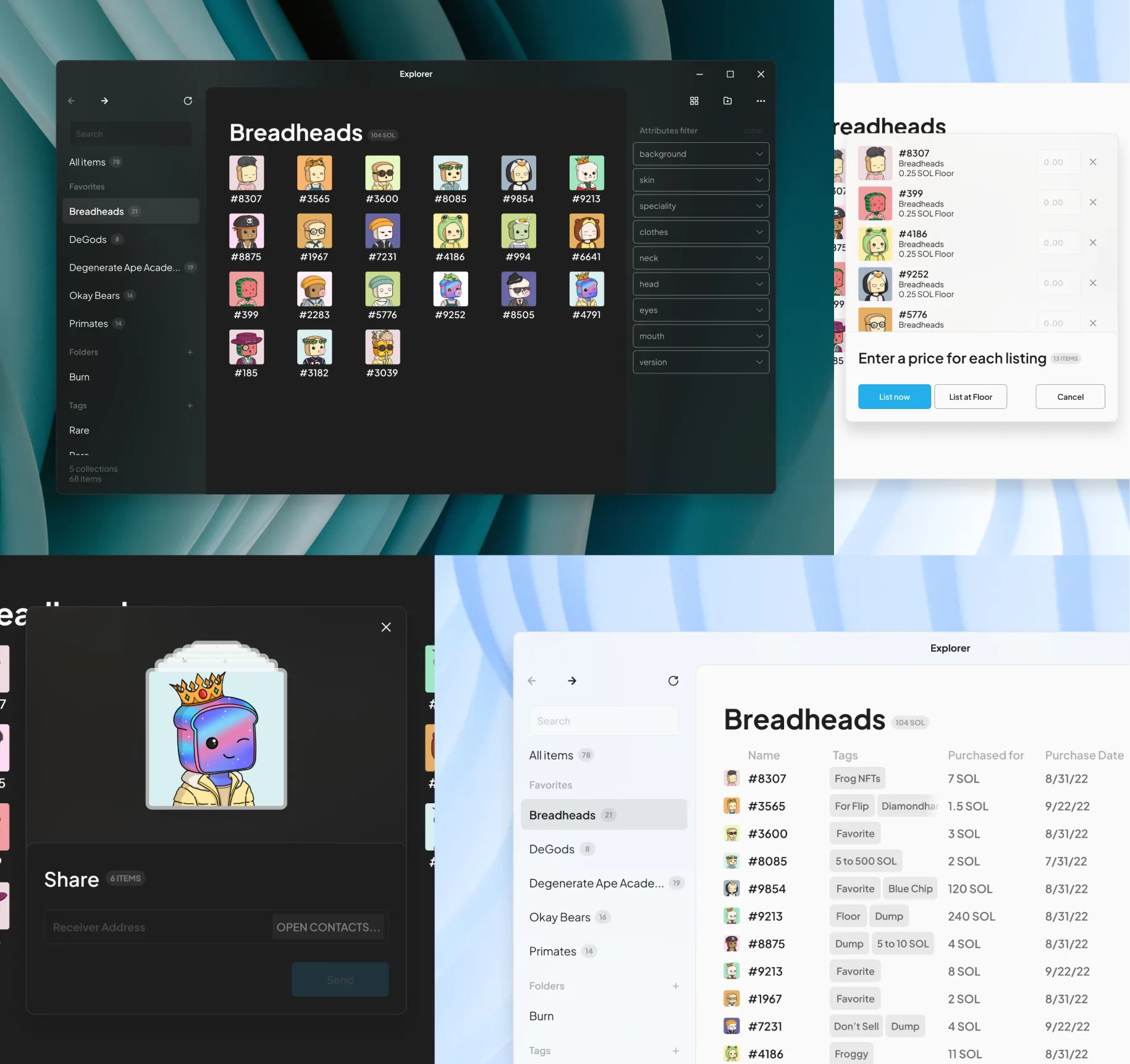 DreamOS's Explorer with Breadheads NFTs displayed.